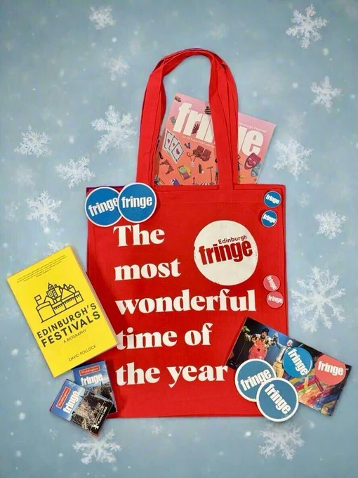 A Fringe tote bag, with the words, 'The most wonderful time of the year', surrounded by merch items.