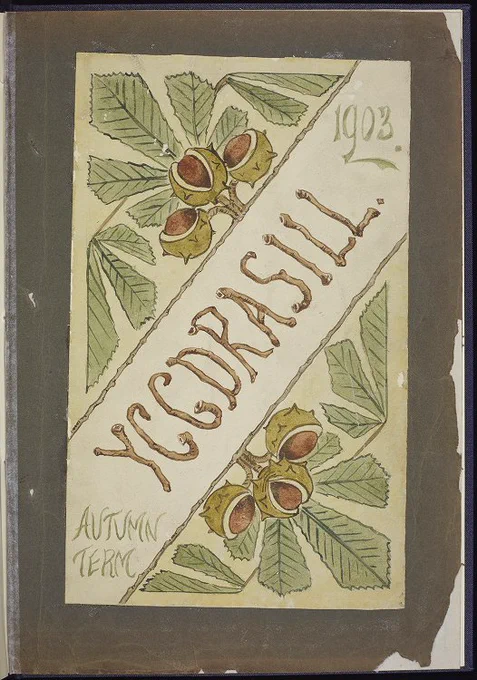 This is a vintage cover featuring the title "Yggdrasill" in a decorative font, surrounded by artistic illustrations of chestnut leaves and chestnuts. The year "1903" is inscribed at the top right corner, and "Autumn Term" appears in the bottom left. The cover has a hand-drawn and painted aesthetic, typical of early 20th-century design styles.