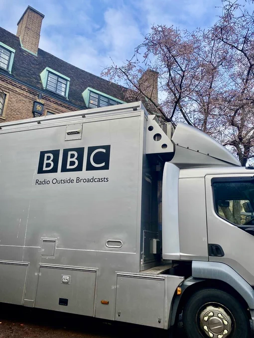 BBC Radio truck parked at St John's College