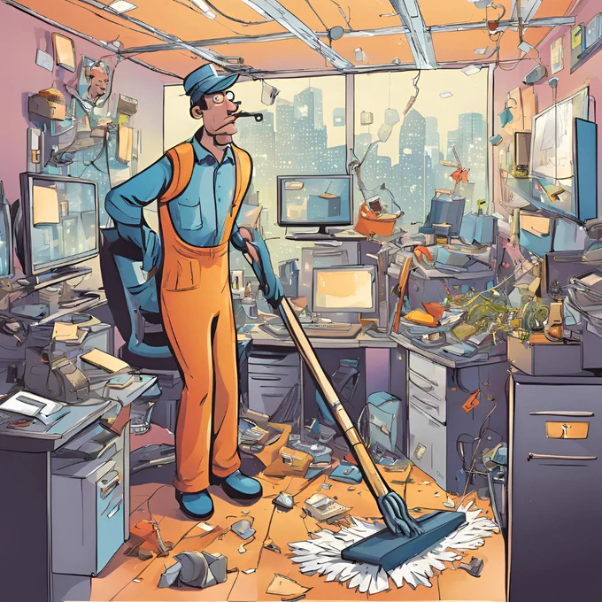 a janitor cleaning a computer room with a broom, likening data cleaning (meme)