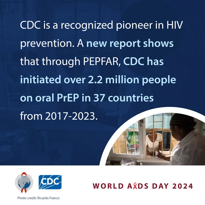 Promotional image for World AIDS Day 2024, featuring a healthcare professional working in a laboratory. Text overlay highlights data from a CDC report. PEPFAR and CDC logos visible at the bottom.