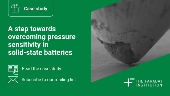 A social media card for a case study with a gift symbol next to it: A step towards overcoming pressure sensitivity in solid-state batteries. Two calls to actions: Read the case study and Subscribe to our mailing list. An image of Diamond nanoindentation tip in contact with the surface of a lithium magnesium alloy sample, measuring mechanical properties.