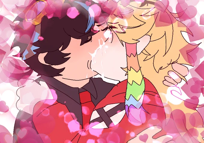 A drawing of the Citrusland owners kissing passionately, surrounded by hearts and sparkles. On the left is Lemon, and the right is Catnip/Moth.