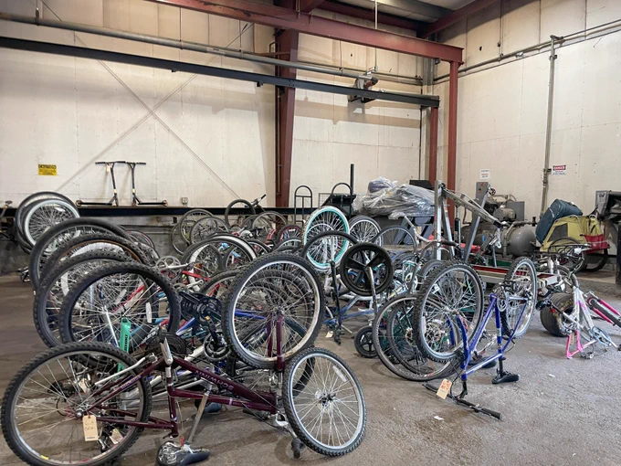Around two dozen bikes stored in two rows.