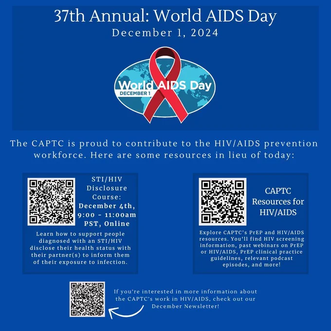 37th Annual: World AIDS Day, December 1, 2024. The CAPTC is proud to contribute to the HIV/AIDS prevention workforce. Here are some resources in lieu of today: STI/HIV Disclosure Course and CAPTC Resources for HIV/AIDS. At the bottom of the infographic is a qr code for the newsletter.
