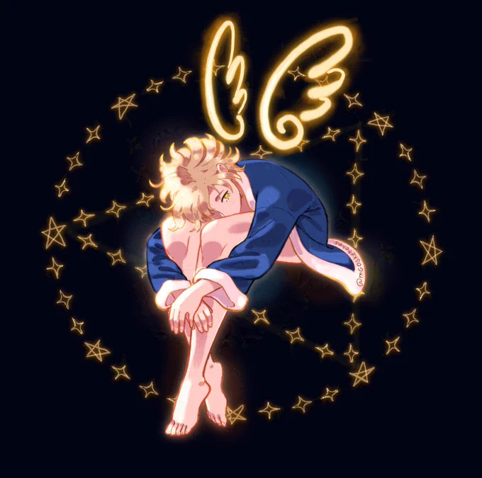 Drawing of girl with a blue robe and gold wings