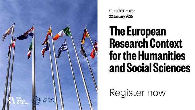 White banner with an image featuring a row of European flags hanging from poles. The words 'The European Research Context for the Humanities and Social Sciences' are written on the right-hand side.