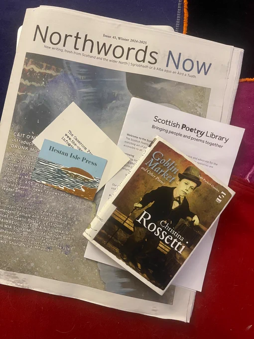 Northwords Now (newspaper like magazine), Scottish Poetry Library leaflet, namecards of presses, a poetry book Goblin Market by Christina Rossetti
