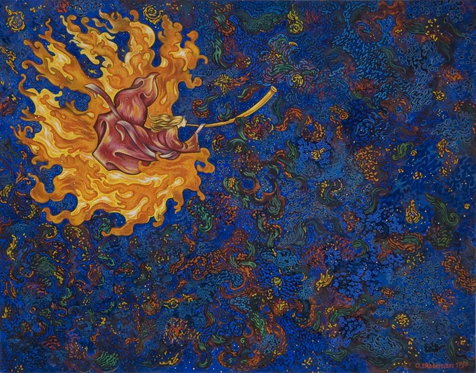 Angel with golden horn and red robes in upper left corner trumpeting into abstract blue, orange, and green night sky. A ball of fire surrounds angel.