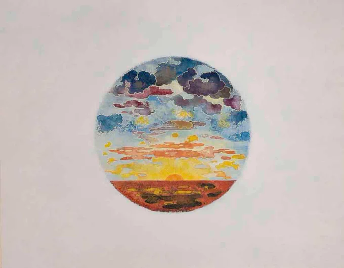Page is mostly blank except for a circle in the center of the page. Within the circle is an image of the setting sun over a red ocean.
