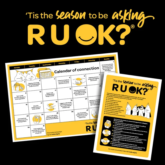 ID: Sample of holiday season resources. Text reads 'Tis the season to be asking R U OK? Free tips and resources at ruok.org.au