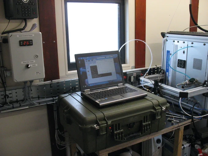 The DMS iDirac gas chromatograph inside the atmospheric monitoring site at East Bay, Rothera Point. Photo credit: Tom Lachlan-Cope (BAS), Floortje Van Den Heuvel (BAS)