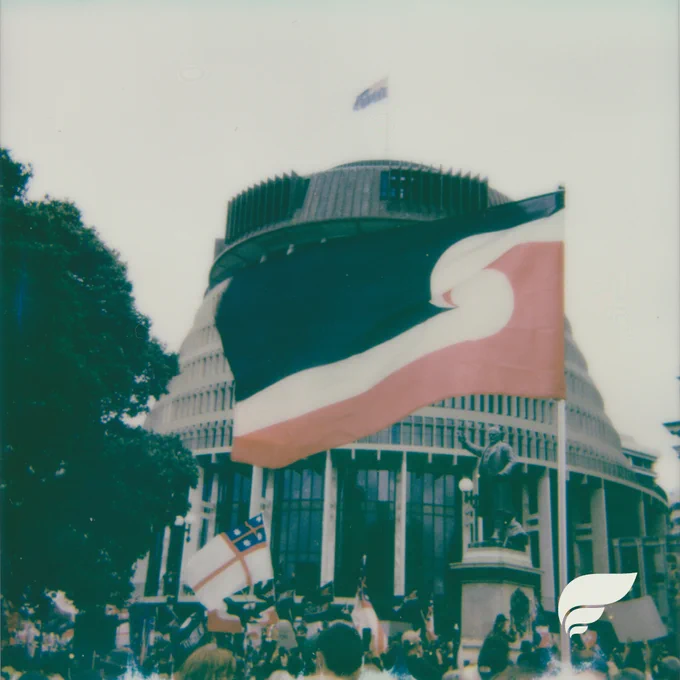 A picture of the Aotearoa New Zealand government building, the beehive. A group of people is in front of it, holding flags and signs. A large Māori flag flies in the foreground.