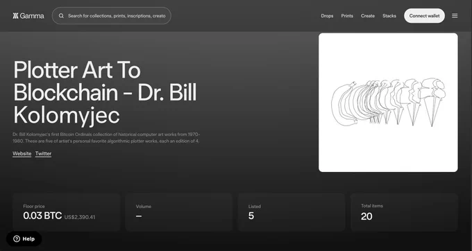 Dr. Bill Kolomyjec's first Bitcoin Ordinals collection of historical computer art works from 1970-1980. These are five of artist's personal favorite algorithmic plotter works, each an edition of 4. You can find them at: https://gamma.io/ordinals/collections/plotter-art-to-blockchain