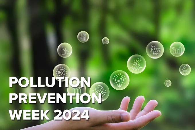 A photo of bubbles in the shape of an infinity with Pollution Prevention in the bottom left corner