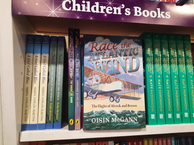 Race the Atlantic Wind by Oisín McGann sitting on a shelf at Easons, Tallaght, Dublin.