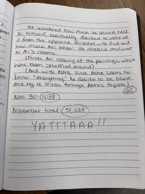 Last page of my writing this November. 
He wondered how much he should tell Ari himself, eventually decided to come at it from the opposite direction - to find out how much Ari knew. He dressed and went to Ari's rooms.(Finds Ari looking at the paintings, which have been shuffled around) (And with Astra, since Astra seems to know "everything," he decides to be blunt and try to break through Astra's façade) (circled: 65) Nov. 30: (circled: 1039)  November total: (circled: 51,029) YATTTAAA!!