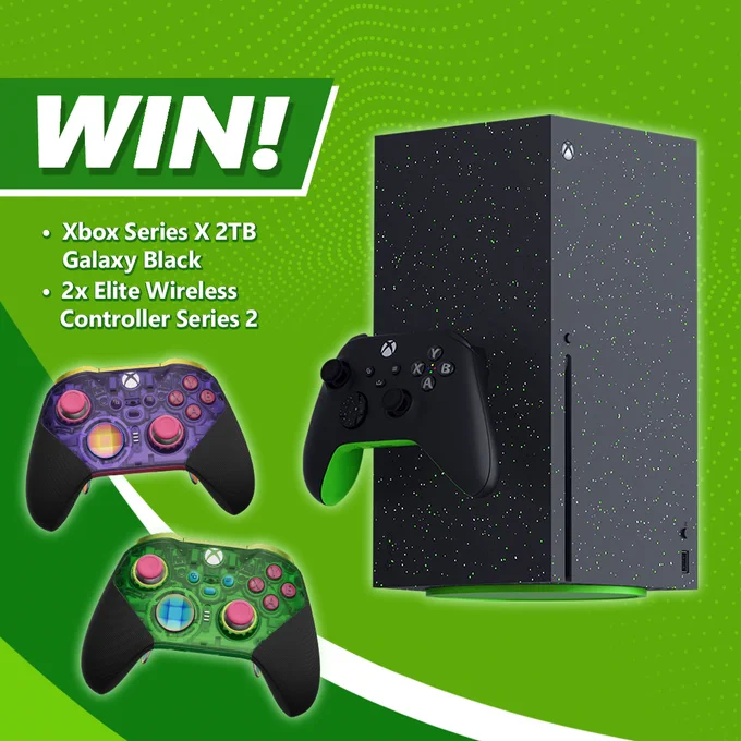 Xbox Series X 2TB Galaxy Black Special Edition Console and two Cipher Series Elite controllers against a green backround. White text on left reads, 

"WIN!
- Xbox Series X 2TB Galaxy Black
- 2x Elite Wireless Controller Series 2" 