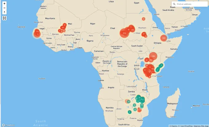 This map shows a clustered distribution of data points across Africa, represented using color-coded markers. The intensity and size of the clusters vary, with red clusters indicating higher concentrations of data points and green clusters representing fewer. Key locations include Senegal, Ethiopia, and parts of East and Southern Africa, which display high concentrations of markers. This type of visualization is commonly used in spatial data platforms to display density or activity distributions, allowing for scalable exploration of regional patterns.