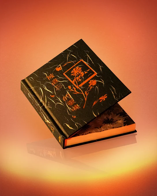 The naked hardcover of Souls Left Behind is displayed, featuring a minimalistic design with orange floral illustrations and stylized text on a black background. The book lies on a reflective orange gradient surface.