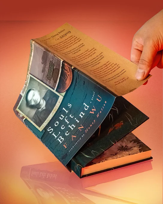 A hand lifts the jacket of the hardcover book Souls Left Behind by Fan Wu, revealing its inner flap, which displays text in a serif font on a tan background. Beneath, the book rests slightly open, showcasing floral endpapers.