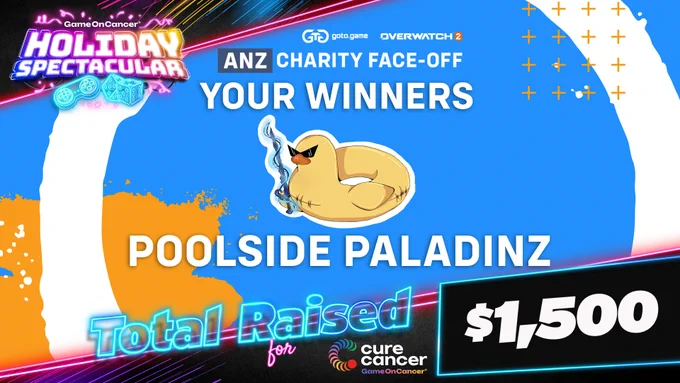 Displayed in the image: the background is the blue & yellow ANZ Face-Off theme for this Charity event. The image is supported by the Holiday Spectacular overlay sponsored by RazerANZ supporting GameOnCancer this year. The text reads: ANZ Charity Face-Off. Your Winners are the Poolside Paladinz which is accompanied by their logo which is a duck flotation device with a cool sword and cool glasses. Total Raised is $1,500 for Cure Cancer. Event is supported and sponsored by goto.game, Overwatch 2, Blizzard ANZ.