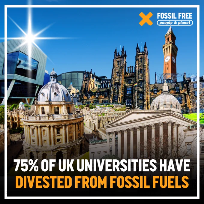 Collage of UK universities against blue sky. Text overlaid reads: “75% of UK universities divest from fossil fuels”