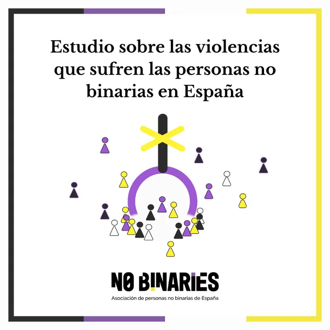 Portada del estudio sobre violencias que sufren las personas no binarias en España. Aparece un símbolo en medio, es un círculo con una línea en la parte superior que acaba en un asterisco. Alrededor hay iconos que simulan a personas no binarias en los colores morado, amarillo, negro y blanco. En la parte inferior está el logo de la entidad.