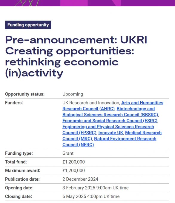 Funding opportunity
Funding opportunity: Pre-announcement: UKRI Creating opportunities: rethinking economic (in)activity
Opportunity status:	Upcoming
Funders:	UK Research and Innovation, Arts and Humanities Research Council (AHRC), Biotechnology and Biological Sciences Research Council (BBSRC), Economic and Social Research Council (ESRC), Engineering and Physical Sciences Research Council (EPSRC), Innovate UK, Medical Research Council (MRC), Natural Environment Research Council (NERC)
Funding type:	Grant
Total fund:	£1,200,000
Maximum award:	£1,200,000
Publication date:	2 December 2024
Opening date:	3 February 2025 9:00am UK time
Closing date:	6 May 2025 4:00pm UK time