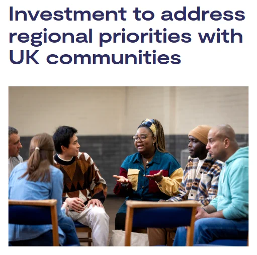 Screenshot of web announcement: 'Investment to address regional priorities with UK communities' above an image of a group of people having a discussion. 