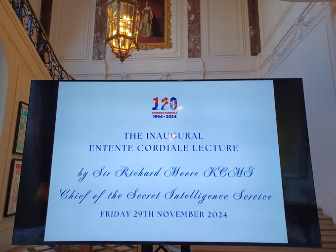 British ambassador's residence in Paris entrance. Notice of event for Entente Cordiale inaugural lecture with Sir Richard Moore.