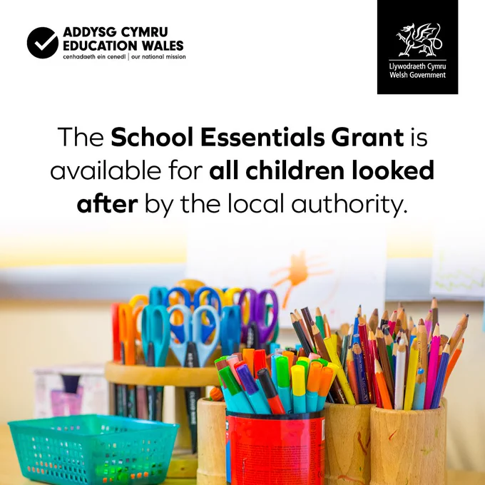 Text reads: ‘The School Essentials Grant is available for all children looked after by the local authority.’ The image shows stationery.