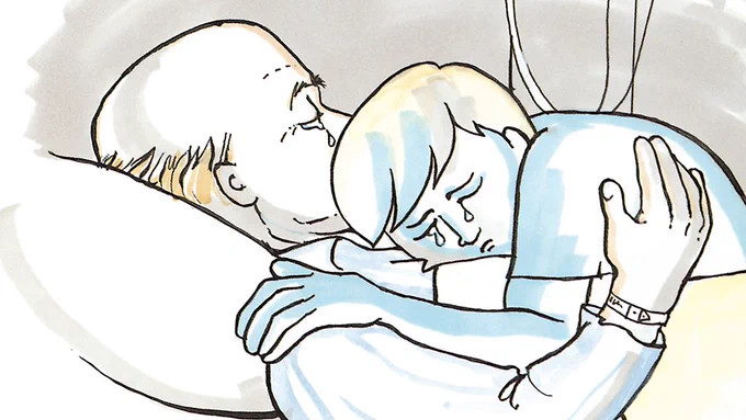 An illustrated image of a crying man hugging the chest of an older man in a hospital bed.