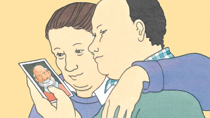 An illustrated image of a man and a woman looking at a photo of an older man.