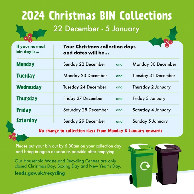 Calendar explaining changes to bin collections dates over Christmas