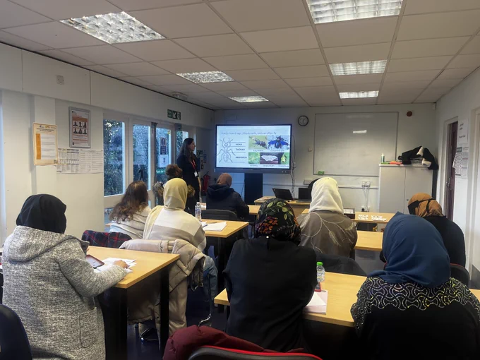 RES Senior Outreach & Learning Officer Fran Sconce presenting a talk on insects and biological recording, highlighting the RES Insect Garden at Stratford Cross as part of a session in collaboration with Zenab Mumtaz at Lendlease and Denise Herman at Newham Council.

Photo credit - Zen Mumtaz