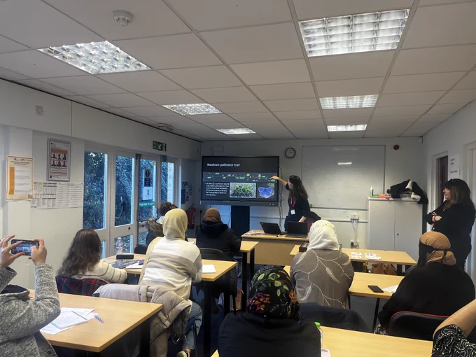 RES Senior Outreach & Learning Officer Fran Sconce presenting a talk on insects and biological recording, highlighting the RES Insect Garden at Stratford Cross as part of a session in collaboration with Zenab Mumtaz at Lendlease and Denise Herman at Newham Council.

Photo credit - Zen Mumtaz