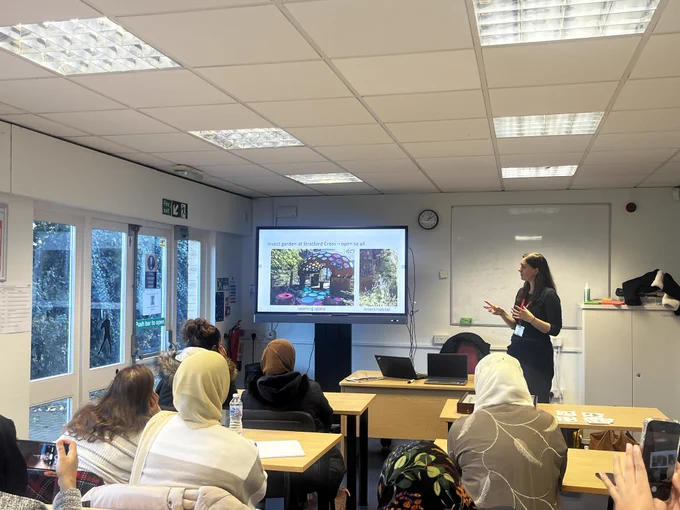 RES Senior Outreach & Learning Officer Fran Sconce presenting a talk on insects and biological recording, highlighting the RES Insect Garden at Stratford Cross as part of a session in collaboration with Zenab Mumtaz at Lendlease and Denise Herman at Newham Council.

Photo credit - Zen Mumtaz