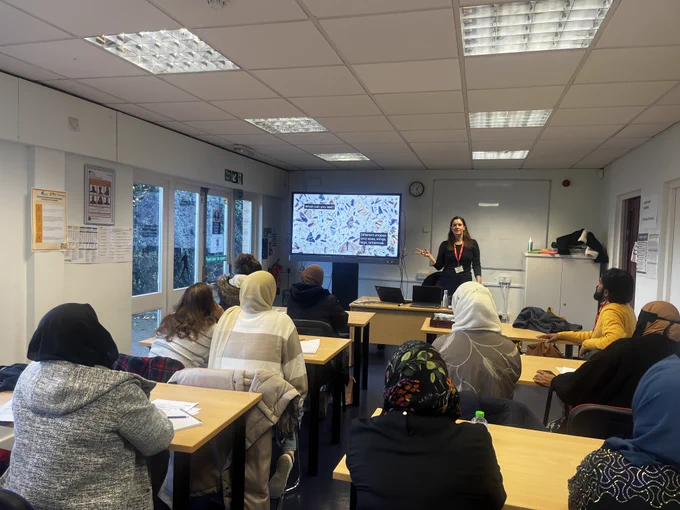RES Senior Outreach & Learning Officer Fran Sconce presenting a talk on insects and biological recording, highlighting the RES Insect Garden at Stratford Cross as part of a session in collaboration with Zenab Mumtaz at Lendlease and Denise Herman at Newham Council.

Photo credit - Zen Mumtaz