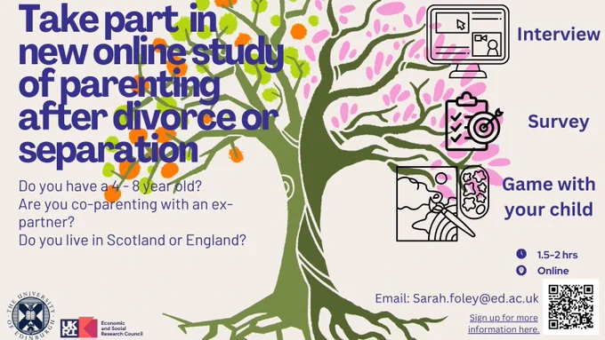 Image shows a tree with two different halves and the wording, 'Take part in new online study of parenting after divorce or separation. Do you have a 4-8 year old? Are you co-parenting with an ex-partner? Do you live in Scotland or England?' It shows line drawings of a computer screen to denote an online interview, a clipboard to indicate a survey and a painting with brush next to the words, 'game with your child.' Further information includes stating that the study takes place online and takes between 1.5 - 2 hours. There is a QR code for signing up for more information and the email address of the researcher, sarah.foley@ed.ac.uk. Logos are added at the bottom of the image for the University of Edinburgh and the Economic and Social Research Council.