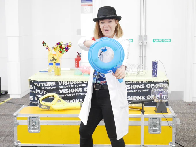 Dr Pumpkin holds a blue vortex generator