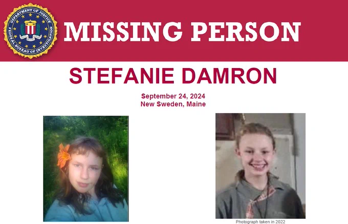 Missing Person poster featuring two photos of Stefanie Damron from New Sweden, Maine. There is an FBI seal in the upper left hand corner of the poster.