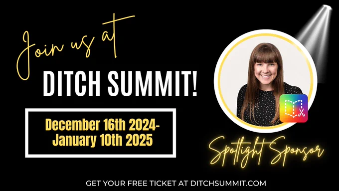 'Join us at Ditch Summit!' 'December 16th, 2024 - January 10th, 2025'. A circular spotlight frames a smiling individual n ext to them is the colorful Book Creator logo. The text highlights 'Spotlight Sponsor' and encourages viewers to 'Get your free ticket at ditchsummit.com'."