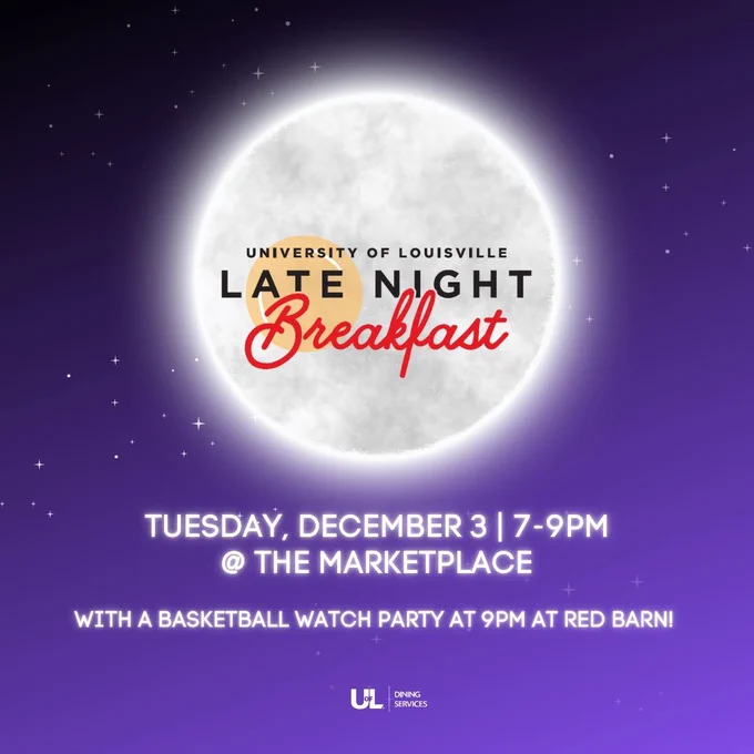 Don't forget, tomorrow night is Late Night Breakfast with UofL Dining!

#UofL #UniversityofLouisville #GoCards #UofLStudentLife #UofLStudents #UofLGrads