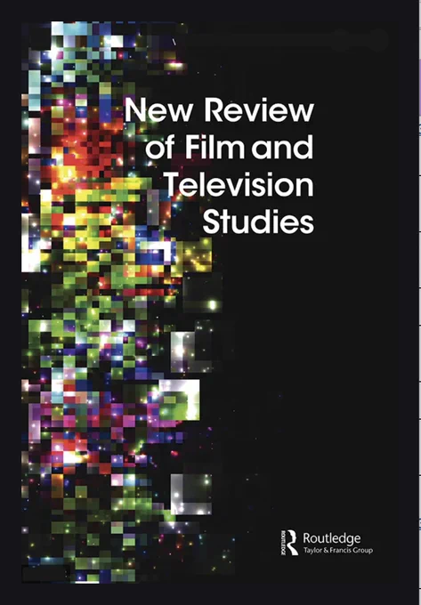 On the left, a standard cover of the journal New Review of Film & Television Studies, black background with a colorful pixelated design on the left and plain white text.