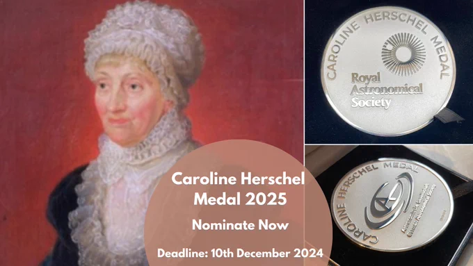 A portrait of Caroline Herschel alongside two images of the Caroline Herschel Medal awarded by the RAS and Astronomische Gesellschaft.