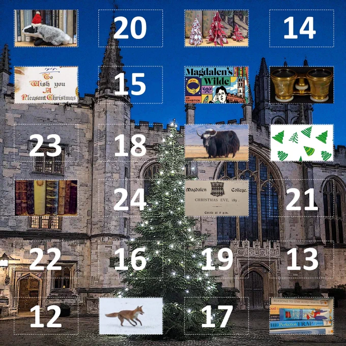 Advent calendar with eleven ‘windows’ open. Behind the 11th window is a poster advertising Magdalen’s Wilde: an exhibition in the Old Library