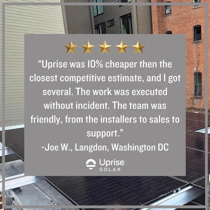 A five-star review from an Uprise Solar customer who appreciated competitive pricing and a friendly solar team.