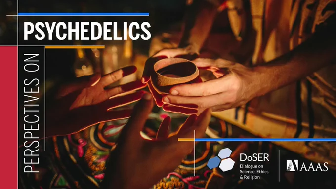 An image of two hands holding a cup with another person's two hands reaching towards it. Text reads "Perspectives on Psychedelics."