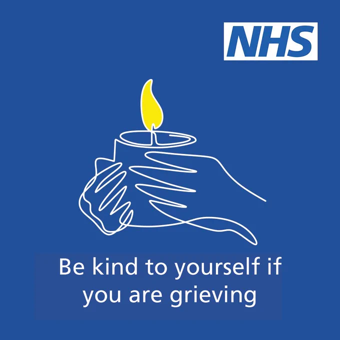 Be kind to yourself if you are grieving. A line drawing of two hands holding a candle is shown.